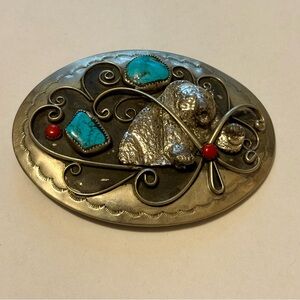 Silver and Turquoise Oval Turquoise Grizzly Bear Belt Buckle